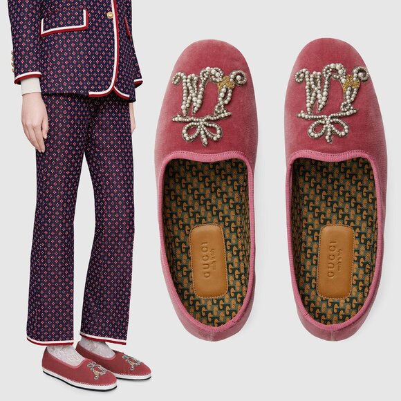 GUCCI SHOES PINK VELVET MOCCASIN LOAFERS PEARL AM APPLIQUE FLATS IT 39 /US 9 - Picture 1 of 13